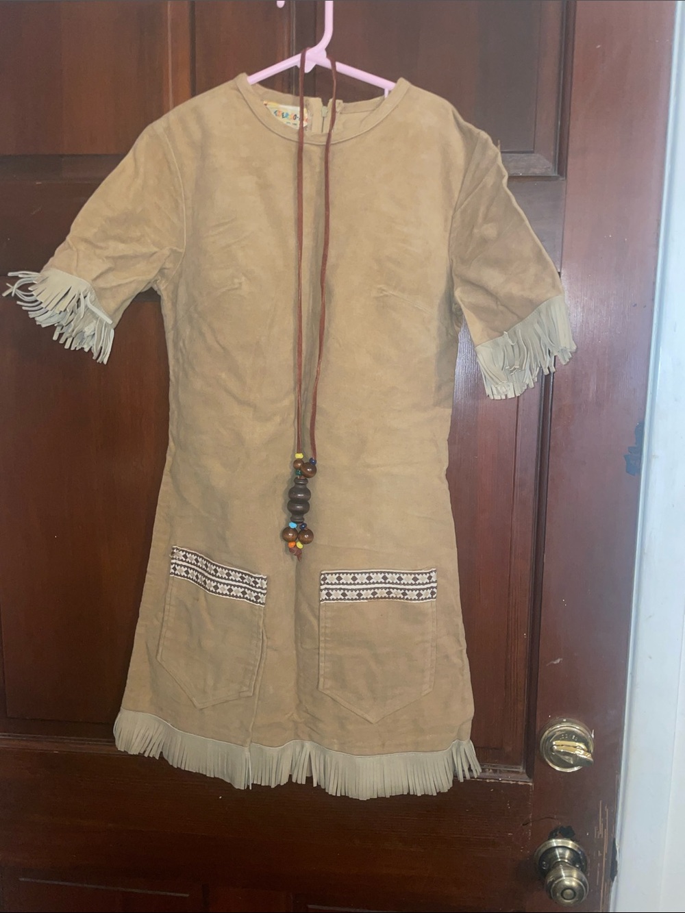 Girls Tan Fringe Pocket Dress with Beaded Necklace Accent